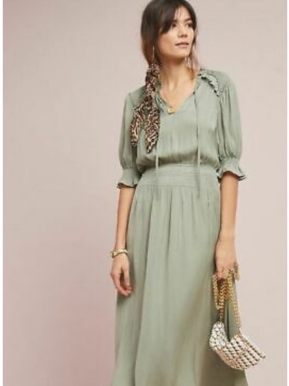 Current Air Light Sage Midi Dress with Puff Sleeves